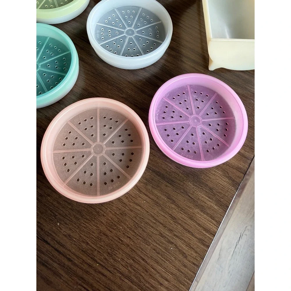 Vintage Tupperware Wagon Wheel Coaster Set Pastel Rainbow 6 Coasters with Caddy